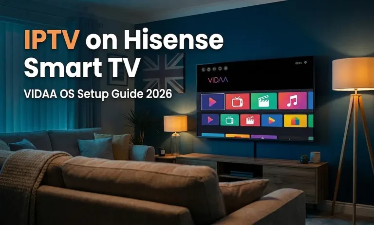 IPTV on Hisense Smart TV showing a generic VIDAA OS home screen in a UK living room