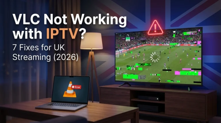 VLC not working with IPTV on a UK living room TV showing a frozen pixelated stream