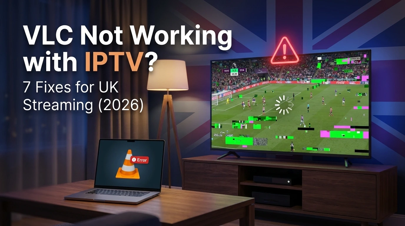 VLC not working with IPTV on a UK living room TV showing a frozen pixelated stream
