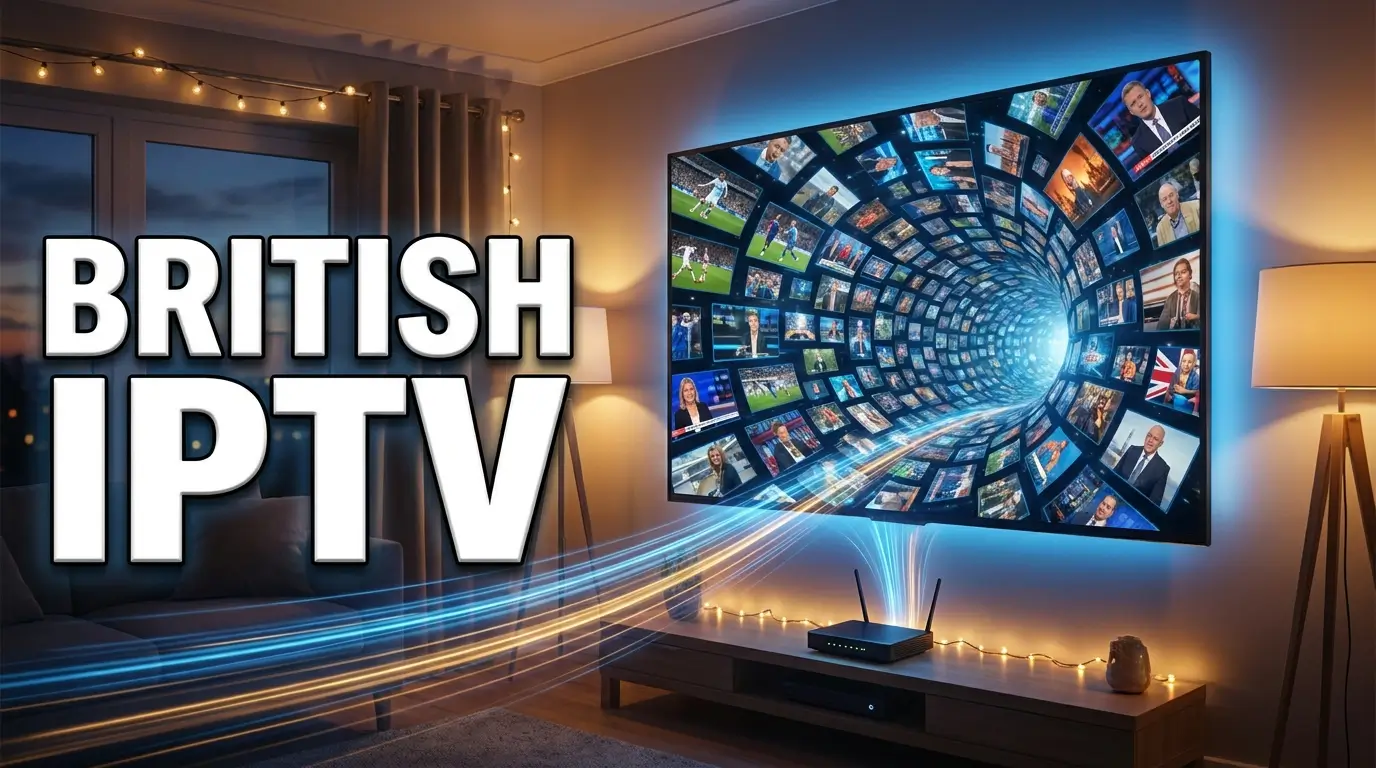 British Iptv Concept Image — Uk Living Room Tv Opening Into A Portal Of Streaming Channels