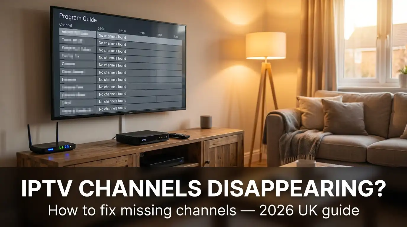 IPTV channels disappearing a UK living room TV showing a 'No channels found' guide, with the headline IPTV CHANNELS DISAPPEARING and 2026 UK guide subtitle