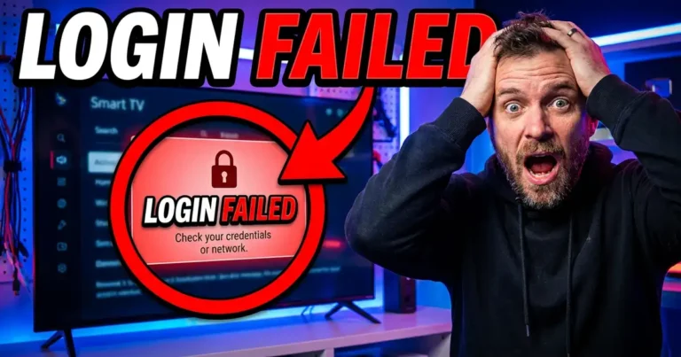 IPTV login failed error on a smart TV with a frustrated viewer reacting