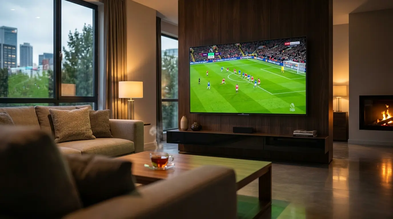 Watching British Iptv Channels — A Live Premier League Football Match On A Large Smart Tv In A Cozy Modern Living Room